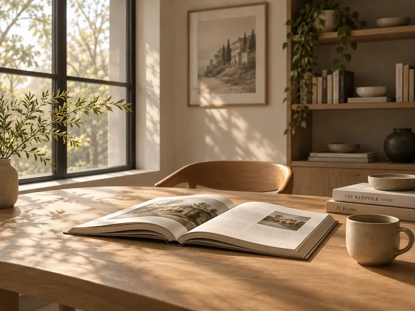 Minimalist Nordic interior with architectural books and a view